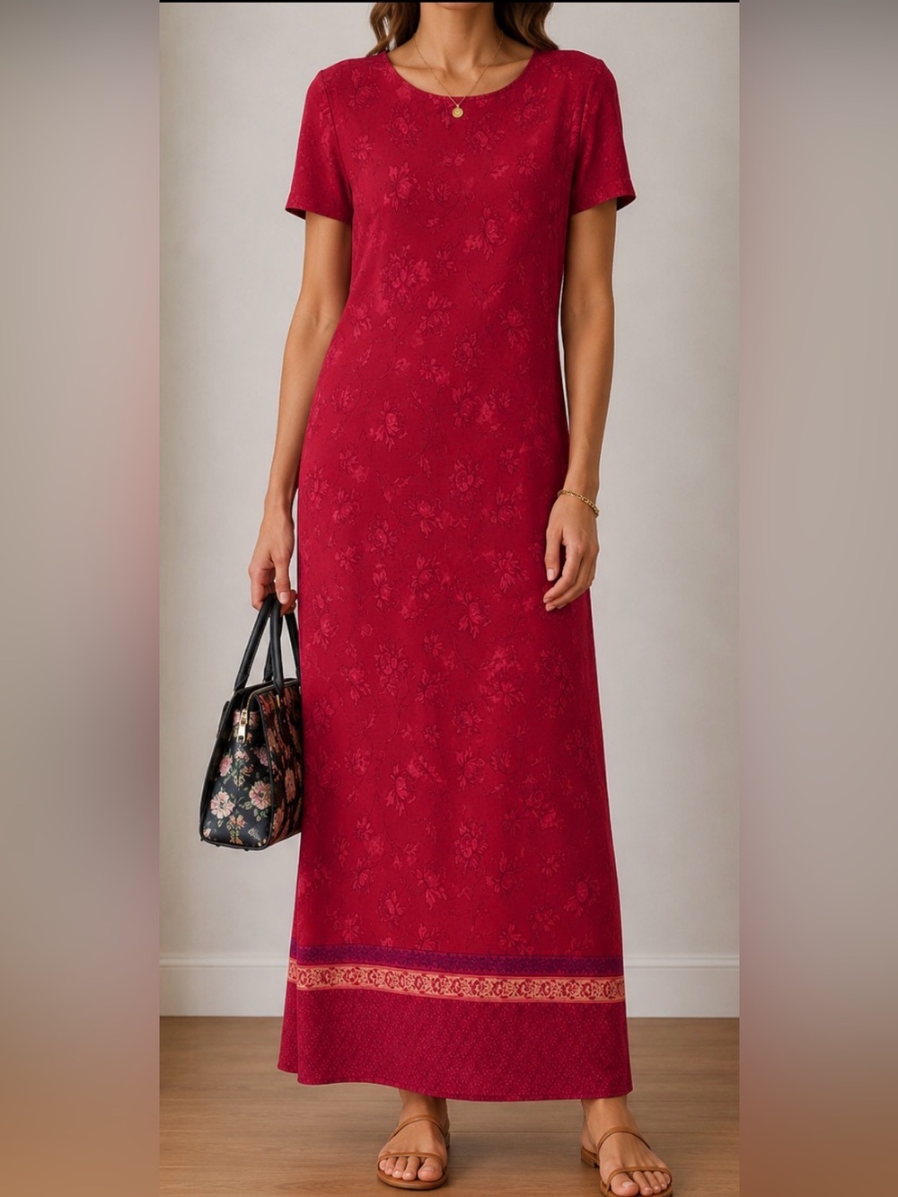 ❤️ Talbots Red Sheath Short Sleeve Floral Print Maxi Dress